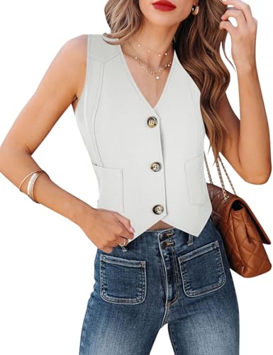 Fallorchid Women's Business Button Up Sleeveless Vest Crop Tops V Neck Jacket Waistcoat