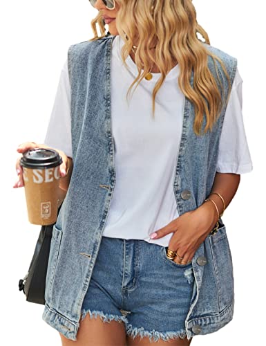 Shebote Womens Oversized Sleeveless Jean Denim Jacket Button Down Vest Top for Women Summer Waistcoat Jeans Vests Tops(0168-LightBlue-S)