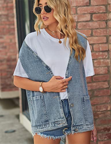 Shebote Womens Oversized Sleeveless Jean Denim Jacket Button Down Vest Top for Women Summer Waistcoat Jeans Vests Tops(0168-LightBlue-S)