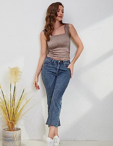 MISSACTIVER Women Square Neck Wide Straps Crop Tank Tops Casual Flower Sleeveless Lettuce Trim Slim Fit Crop Cami Vest Tops