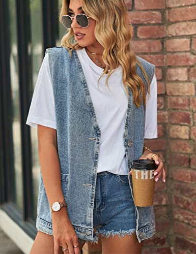 Shebote Womens Oversized Sleeveless Jean Denim Jacket Button Down Vest Top for Women Summer Waistcoat Jeans Vests Tops(0168-LightBlue-S)