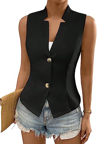 COZYEASE Women's Button Front Sleeveless Tank Top Solid Elegant Summer Blazer Outerwear Black S