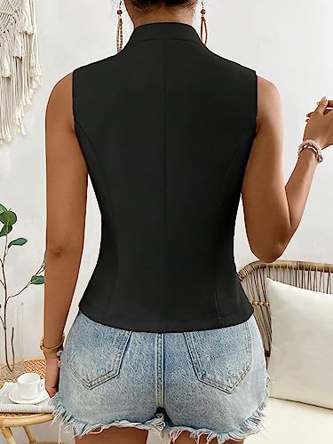 COZYEASE Women's Button Front Sleeveless Tank Top Solid Elegant Summer Blazer Outerwear Black S