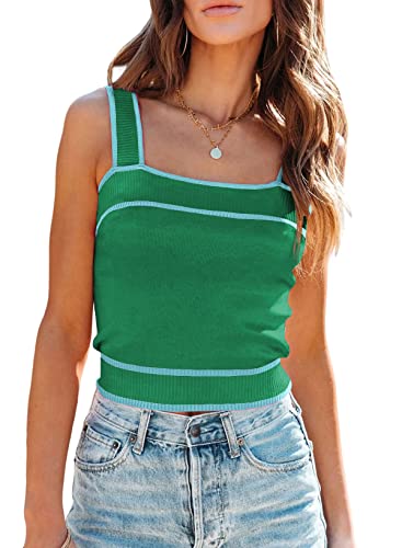 Dokotoo Womens Summer Cropped Tank Top Lightweight Color Block Knitted Sleeveless Tops Fitting Cami Tops Green Large