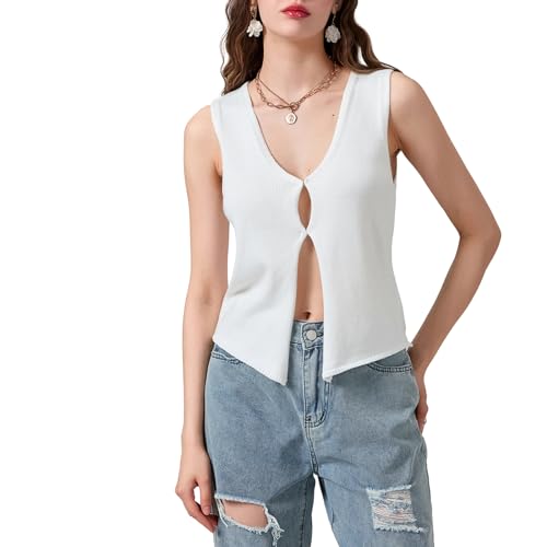 Axupico Womens Knitted Vest Top Y2k Crochet Crop Tops Sleeveless V Neck Front Button Solid Tank Top Streetwear (Sweater V Neck Vest White, Small)