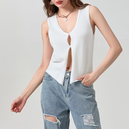 Axupico Womens Knitted Vest Top Y2k Crochet Crop Tops Sleeveless V Neck Front Button Solid Tank Top Streetwear (Sweater V Neck Vest White, Small)