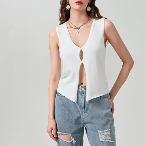 Axupico Womens Knitted Vest Top Y2k Crochet Crop Tops Sleeveless V Neck Front Button Solid Tank Top Streetwear (Sweater V Neck Vest White, Small)