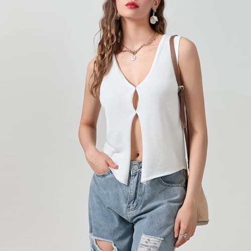 Axupico Womens Knitted Vest Top Y2k Crochet Crop Tops Sleeveless V Neck Front Button Solid Tank Top Streetwear (Sweater V Neck Vest White, Small)
