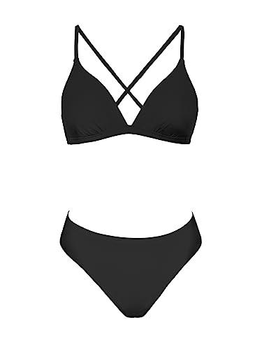 CUPSHE Bikini Set for Women Two Piece Swimsuits V Neck Low Rise Crisscross Back Self Tie Spaghetti Straps,M Black
