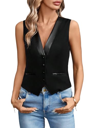Verdusa Women's Button Front Asymmetrical Hem V Neck Sleeveless Vest Top Jacket Black Small
