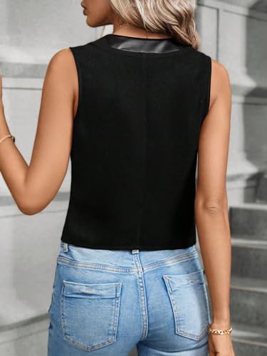 Verdusa Women's Button Front Asymmetrical Hem V Neck Sleeveless Vest Top Jacket Black Small