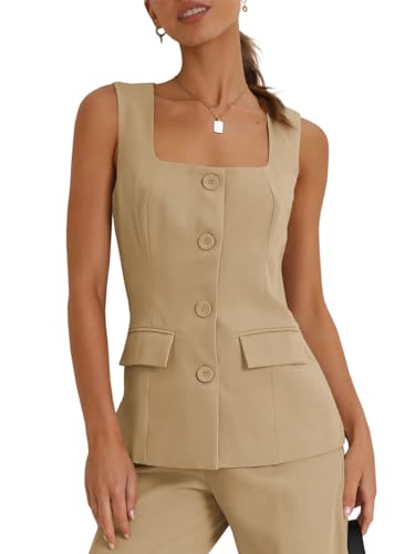 Tankaneo Women's Single Breasted Vests Square Neck Sleeveless Slim Fitted Work Office Waistcoats