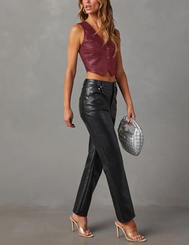 Fallorchid Women's Button Up Sleeveless Vest Crop Tops Sexy V Neck Faux Leather Jacket Waistcoat