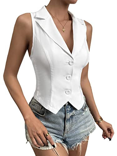 SOLY HUX Women's Button V Neck Suit Vest Casual Sleeveless Regular Fitted Lapel Waistcoat Vest Solid White M