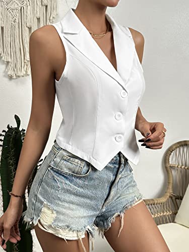 SOLY HUX Women's Button V Neck Suit Vest Casual Sleeveless Regular Fitted Lapel Waistcoat Vest Solid White M