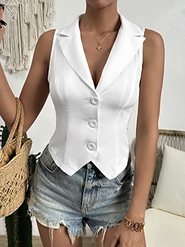 SOLY HUX Women's Button V Neck Suit Vest Casual Sleeveless Regular Fitted Lapel Waistcoat Vest Solid White M