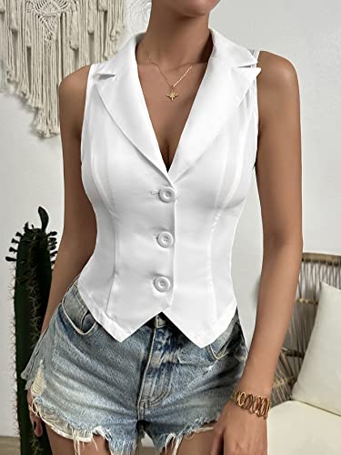SOLY HUX Women's Button V Neck Suit Vest Casual Sleeveless Regular Fitted Lapel Waistcoat Vest Solid White M