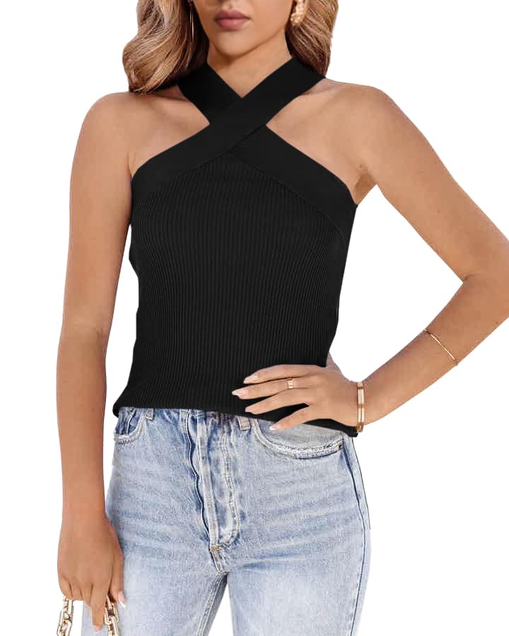 Womens Criss Cross Halter Sweater Vest Tops Summer Sleeveless Pullover Casual Lightweight V Neck Knit Tank Top Black