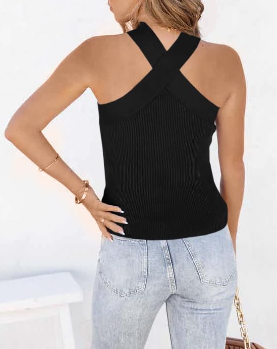 Womens Criss Cross Halter Sweater Vest Tops Summer Sleeveless Pullover Casual Lightweight V Neck Knit Tank Top Black