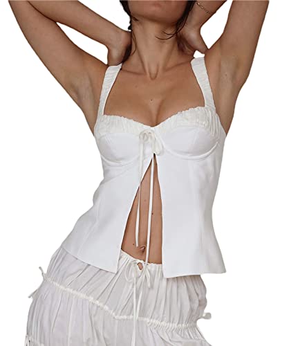 BHMAWSRT Women Spaghetti Strap Lace Corset Tank Top Vintage Sleeveless Y2K Slim Fit Strappy Camis Vest Top Streetwear (A-White, S)