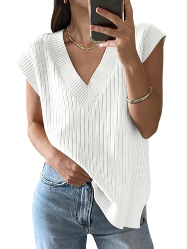 ANRABESS Womens V Neck Sweater Vest Oversized Sleeveless Tops Casual Ribbed Knit Loose 2024 Summer Tank Top Outfits Clothes White Medium