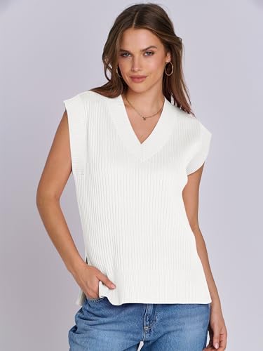 ANRABESS Womens V Neck Sweater Vest Oversized Sleeveless Tops Casual Ribbed Knit Loose 2024 Summer Tank Top Outfits Clothes White Medium