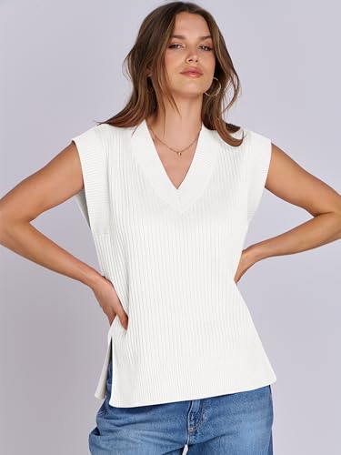 ANRABESS Womens V Neck Sweater Vest Oversized Sleeveless Tops Casual Ribbed Knit Loose 2024 Summer Tank Top Outfits Clothes White Medium