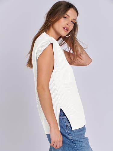 ANRABESS Womens V Neck Sweater Vest Oversized Sleeveless Tops Casual Ribbed Knit Loose 2024 Summer Tank Top Outfits Clothes White Medium