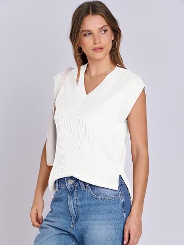 ANRABESS Womens V Neck Sweater Vest Oversized Sleeveless Tops Casual Ribbed Knit Loose 2024 Summer Tank Top Outfits Clothes White Medium