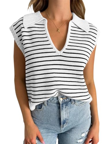 Ribbed Tank Tops for Women Lapel Collar Striped Sweater Vest Cute Summer Tops White M