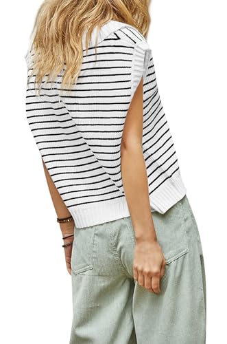 Ribbed Tank Tops for Women Lapel Collar Striped Sweater Vest Cute Summer Tops White M