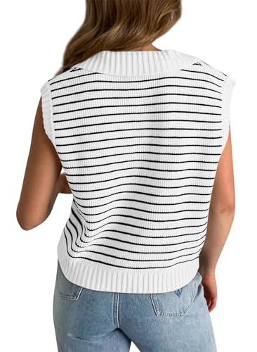 Ribbed Tank Tops for Women Lapel Collar Striped Sweater Vest Cute Summer Tops White M