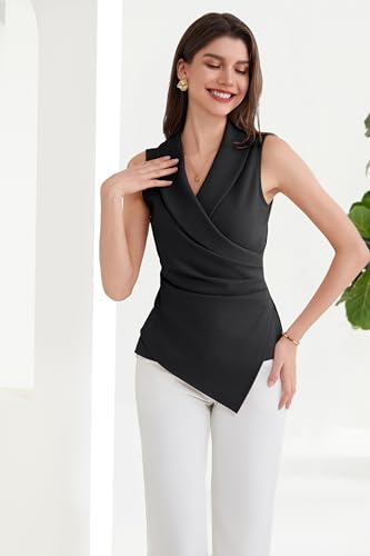 GRACE KARIN Womens Casual Black Sleeveless Slim Shirts Tops Wrap V Neck Solor Color Asymmetrical Blouses Top Office S