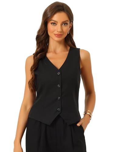 Allegra K Vest Waistcoat for Women's Fashion Sleeveless Button Down V Neck Crop Top Summer Vest Large Black
