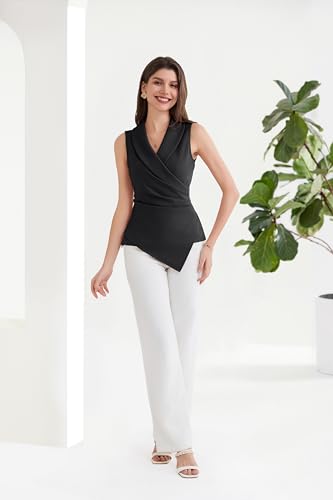 GRACE KARIN Womens Casual Black Sleeveless Slim Shirts Tops Wrap V Neck Solor Color Asymmetrical Blouses Top Office S