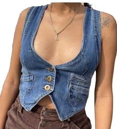 Women Vintage Y2K Denim Vest Sexy V Neck Button Down Cropped Jean Corset Sleeveless Waistcoat Tank Top Streetwear