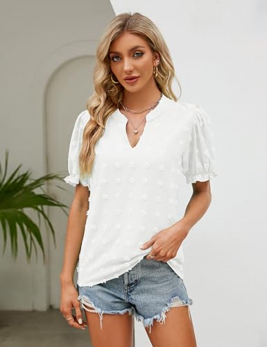 Blooming Jelly Women's Puff Sleeve Cute Shirts Swiss Dot White Blouse Chic V Neck Short Sleeve Tee Shirts(White,Medium)