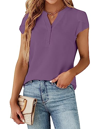 Blooming Jelly Women's Dressy Casual Tops Business Work Blouses 2024 Summer Button Down Shirts Short Cap Sleeve V Neck Tshirt (Purple,X-Small)