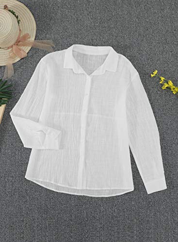 Astylish Women V Neck Solid Roll Up Sleeve Collared Shirts Blouses Summer Linen Tops for Teen Girls White Large
