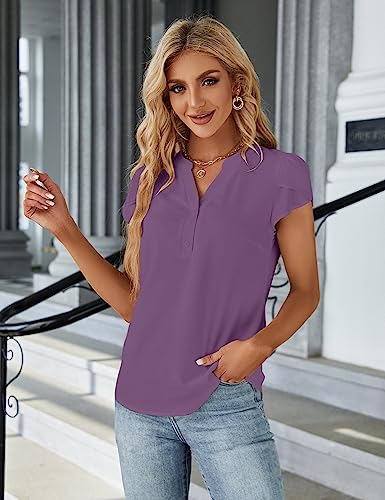 Blooming Jelly Women's Dressy Casual Tops Business Work Blouses 2024 Summer Button Down Shirts Short Cap Sleeve V Neck Tshirt (Purple,X-Small)