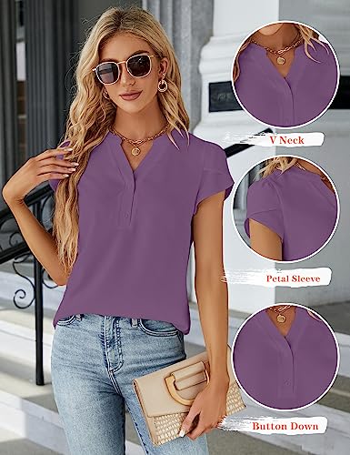 Blooming Jelly Women's Dressy Casual Tops Business Work Blouses 2024 Summer Button Down Shirts Short Cap Sleeve V Neck Tshirt (Purple,X-Small)