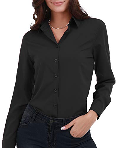Gemolly Women's Basic Button Down Shirts Long Sleeve Plus Size Simple Cotton Stretch Formal Casual Shirt Blouse Black S