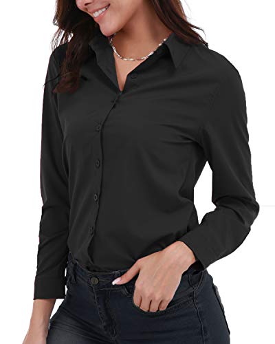 Gemolly Women's Basic Button Down Shirts Long Sleeve Plus Size Simple Cotton Stretch Formal Casual Shirt Blouse Black S