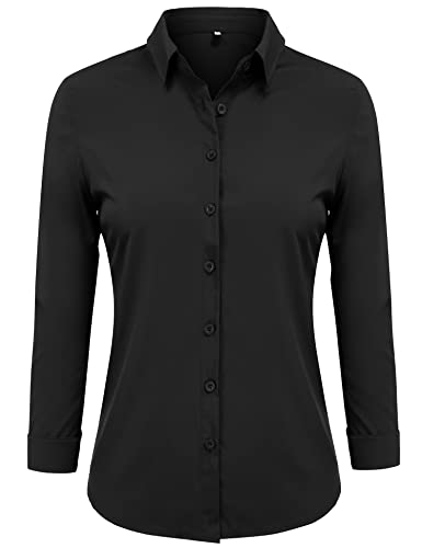 Gemolly Women's Basic Button Down Shirts Long Sleeve Plus Size Simple Cotton Stretch Formal Casual Shirt Blouse Black S