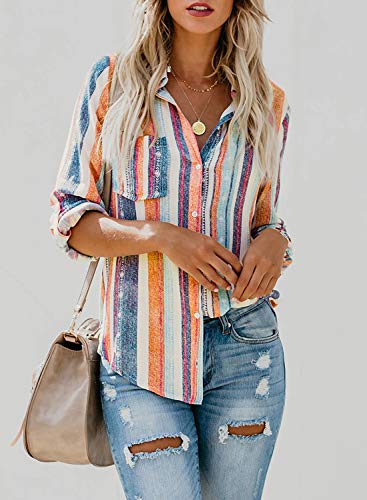 Astylish Women Striped Button Down Long Roll up Sleeves Work Shirt Blouse Tops Orange X-Large