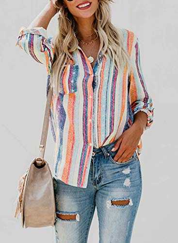 Astylish Women Striped Button Down Long Roll up Sleeves Work Shirt Blouse Tops Orange X-Large