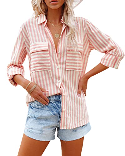 OMSJ Women's Striped Button Down Shirts Casual Long Sleeve Stylish V Neck Blouses Tops with Pockets (M, Pink)