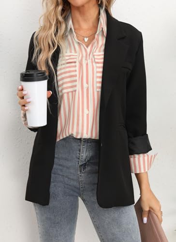 OMSJ Women's Striped Button Down Shirts Casual Long Sleeve Stylish V Neck Blouses Tops with Pockets (M, Pink)