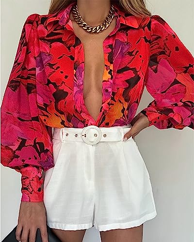 BTFBM Women Fashion Button Down Shirts Lapel V Neck Printed Boho Long Sleeve Blouses Dressy Casual Summer Spring Tops(Floral Red, Medium)
