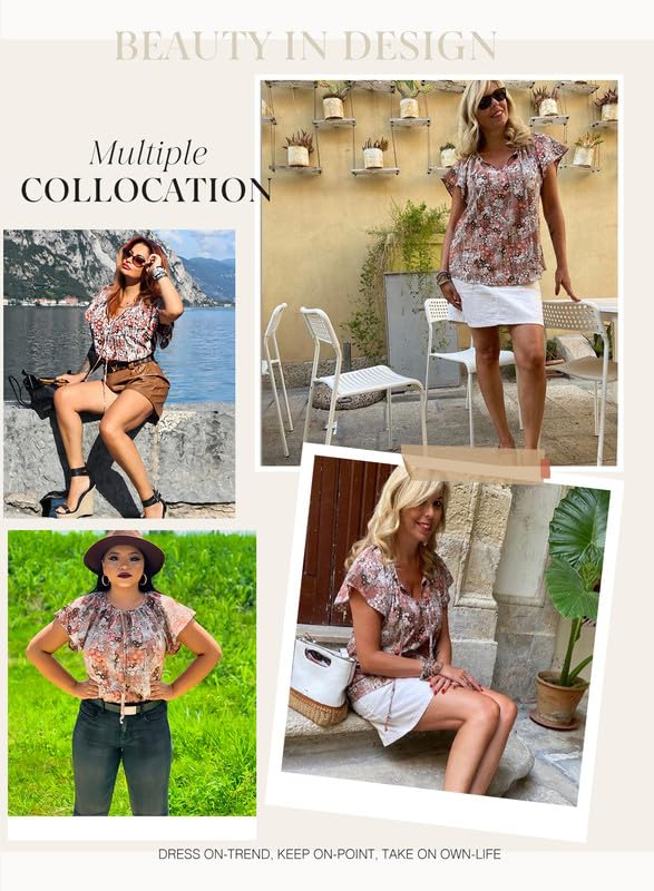 Dokotoo Womens Fashion 2024 Floral Printed V Neck Tie Top Boho Short Sleeve Blouses Juniors Loose Chiffon Shirts Large Khaki